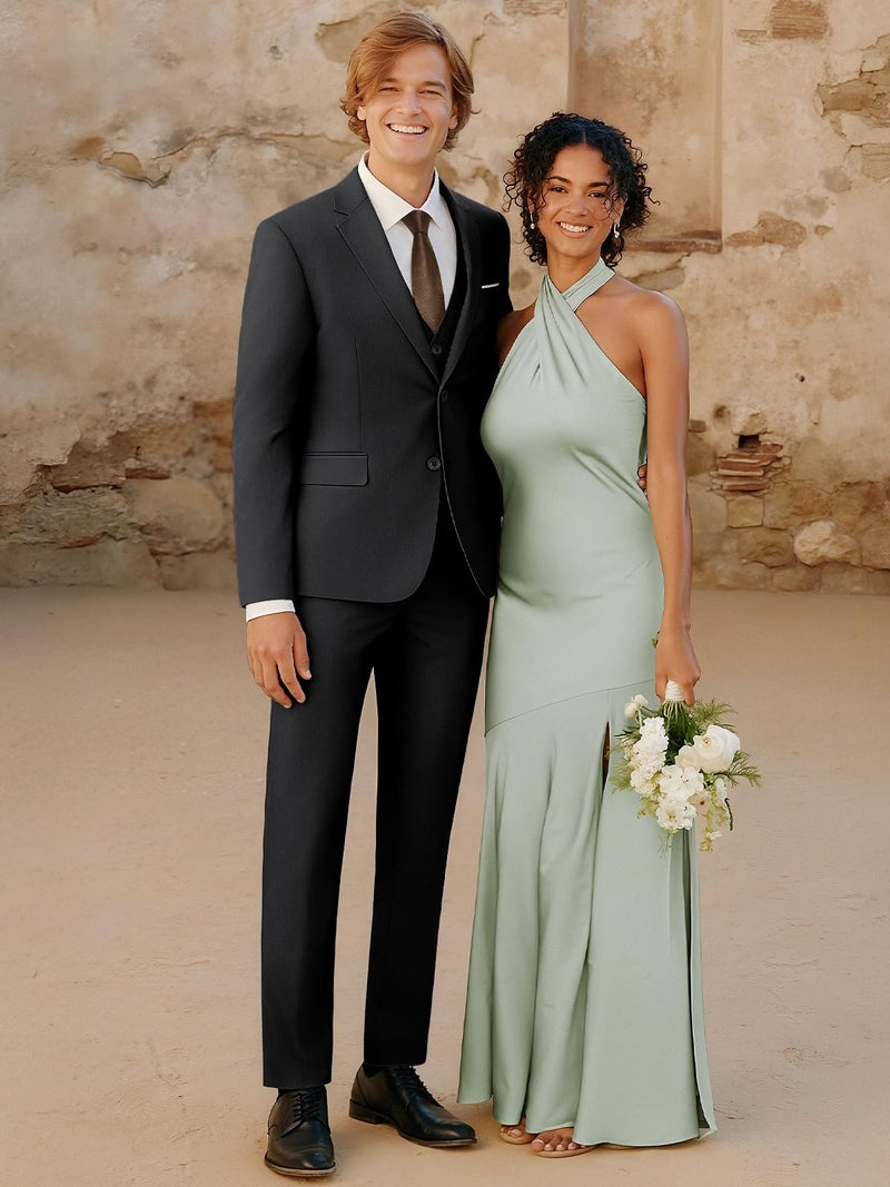 WEEN CHARM بدلات WEEN CHARM للرجال، مجموعة بدلة ضيقة مكونة من 3 قطع مع سترة ذات زرين، صدرية، بنطلون، بدلة رسمية لحفلات الزفاف، حفلات التخرج، الحفلات، الأعمال باللون الرمادي - Image 3